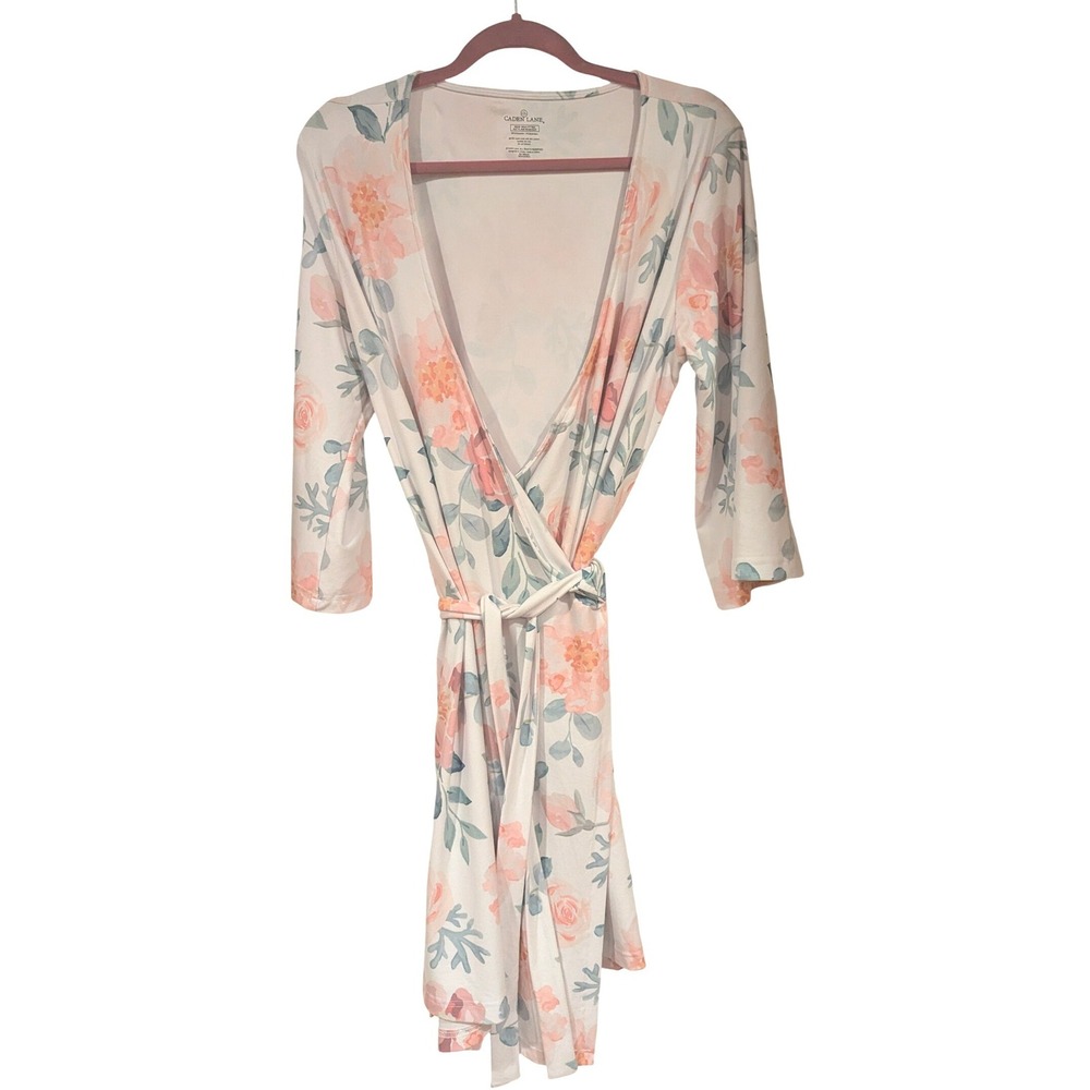 Caden Lane Floral Maternity Delivery Wrap Robe White Pink Peach 3/4 Sleeve OS